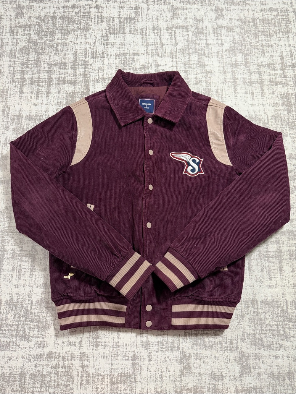 SuperDry Corduroy Varsity Bomber Jacket in Burgundy Size S 24.5x21